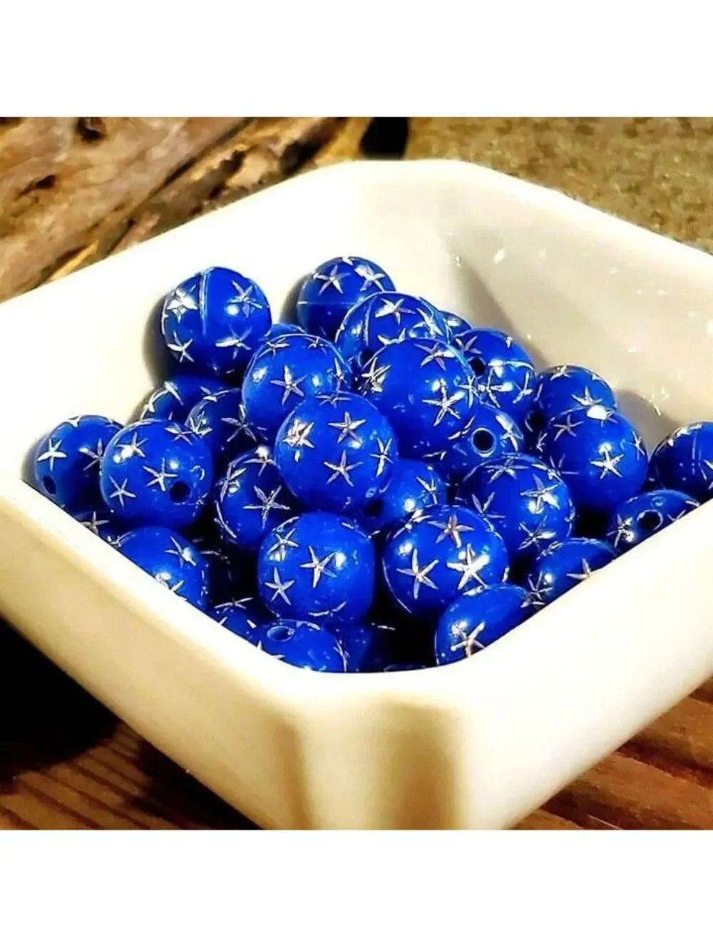 10 Vintage Retro Cobalt Blue Silver Stars 12mm Round Acrylic Shabby Beads